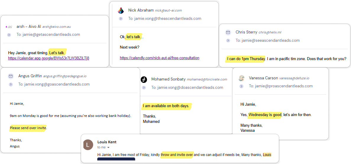 Seven email replies from prospects agreeing to book a meeting.